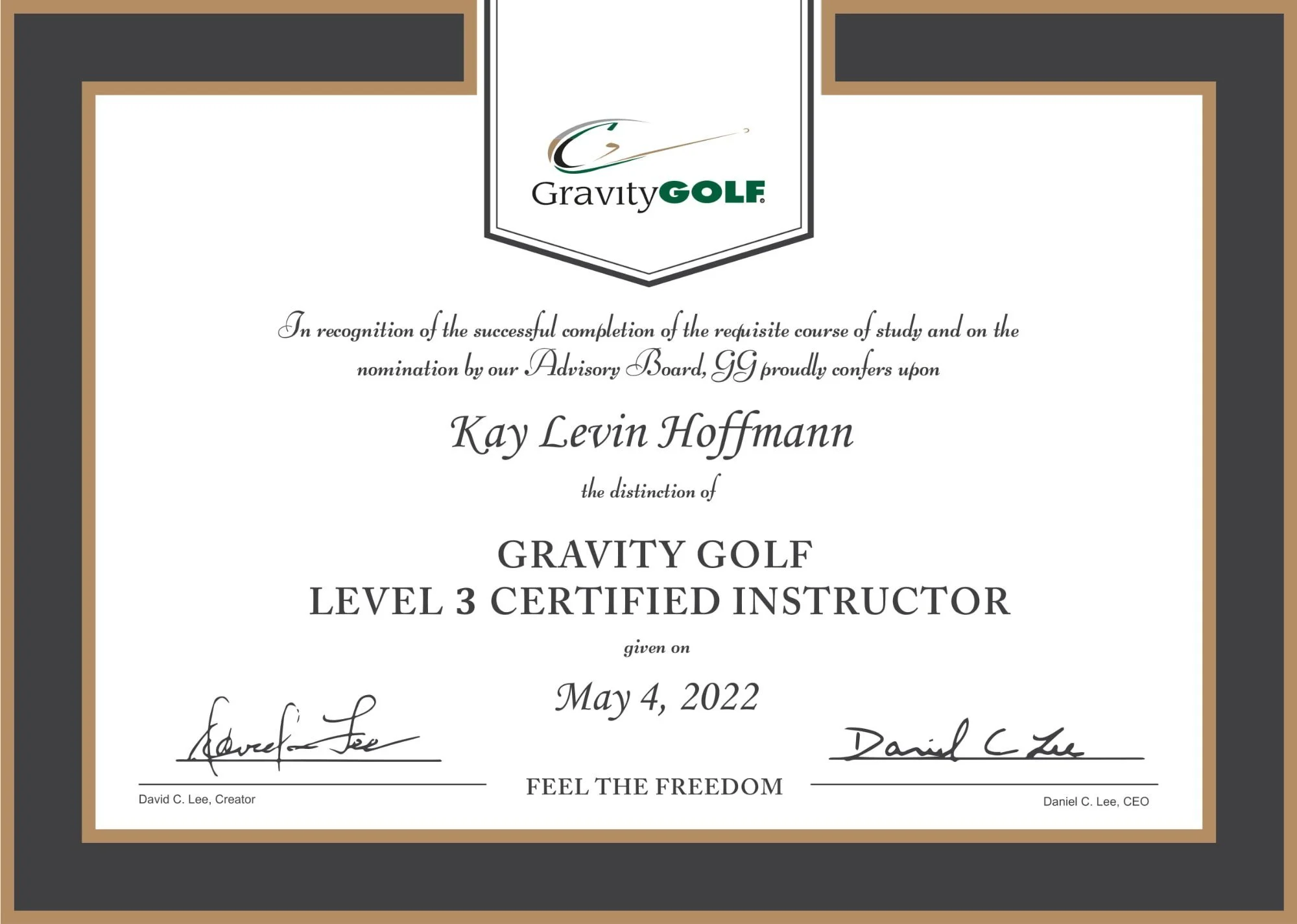 Gravity Golf Level 3 Certified Instructor Zertifikat – Kay Levin Hoffmann, ausgestellt von David Lee, Mai 2022